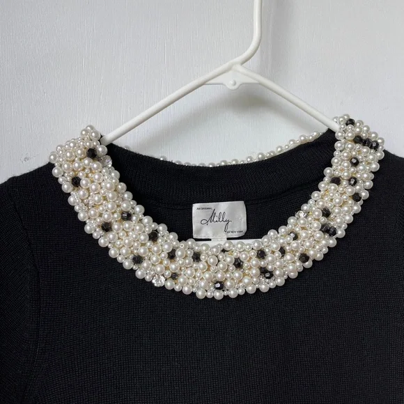 MILLY Women's Black Knit Pearl Trim Dress sz M - Picture 9 of 12